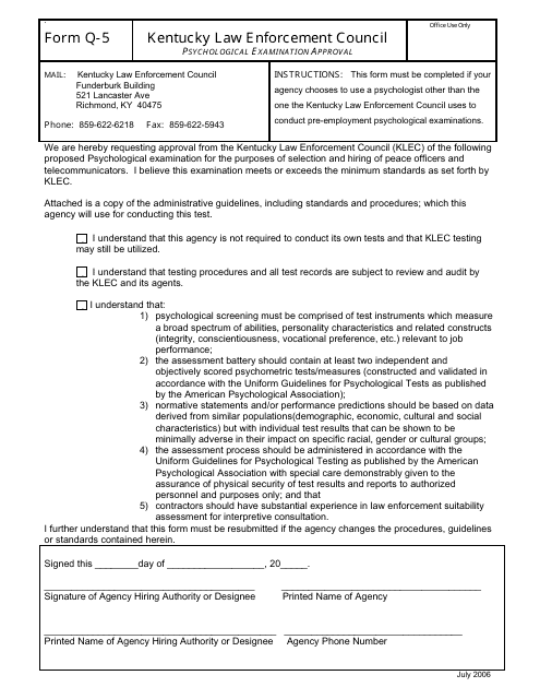 KLEC Form Q-5 Psychological Examination Approval - Kentucky