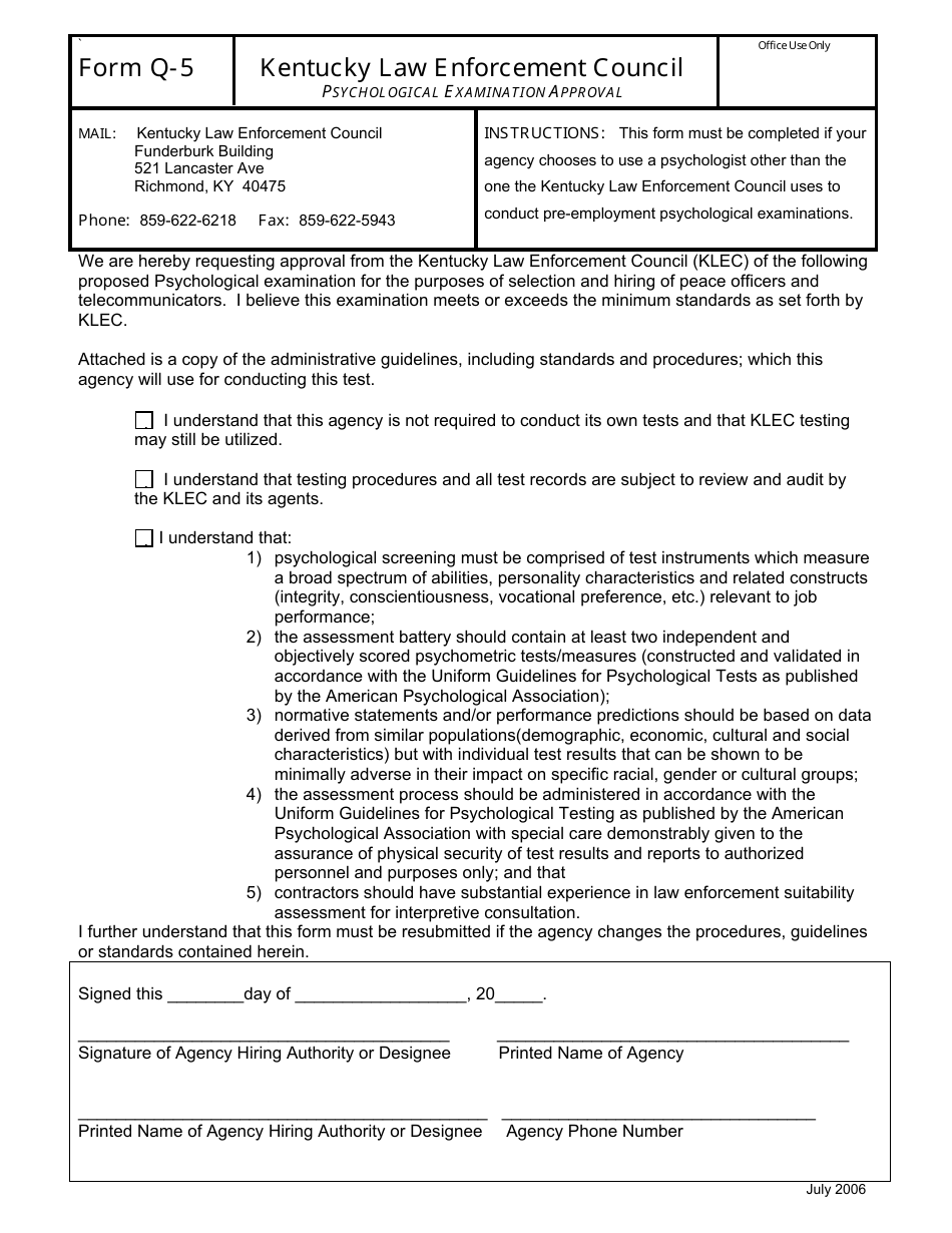KLEC Form Q-5 Psychological Examination Approval - Kentucky, Page 1