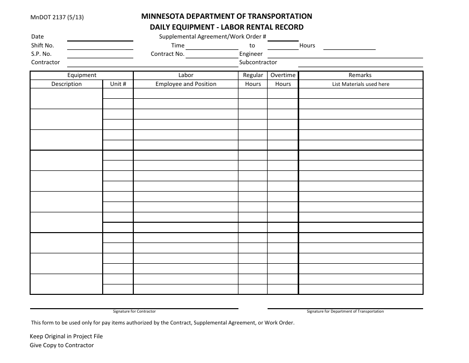 Form TP-2137 Daily Equipment - Labor Rental Record - Minnesota, Page 1