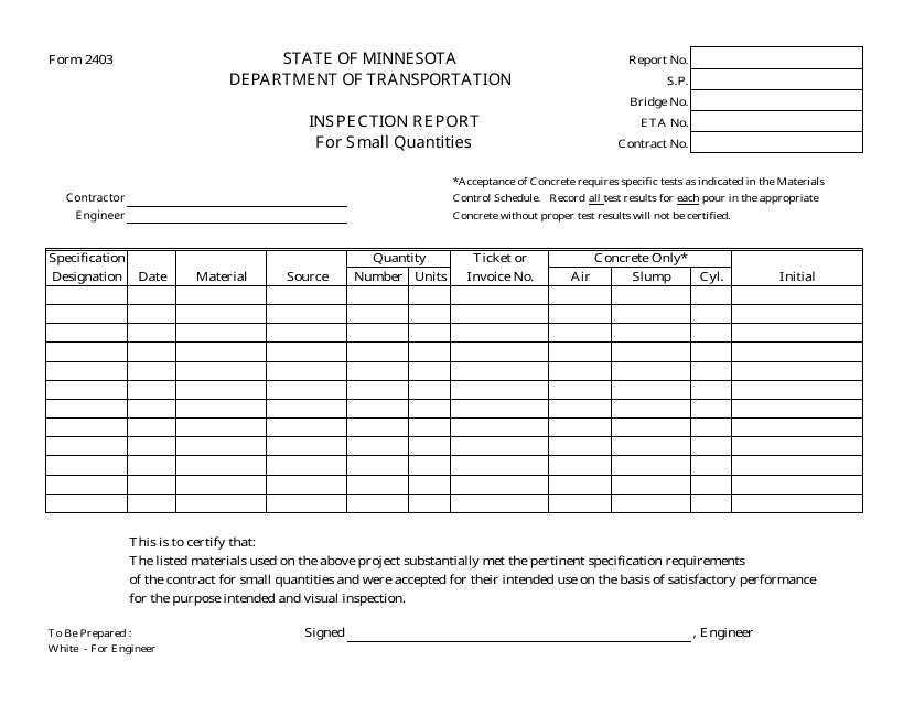 Form 2403 Inspection Report for Small Quantities - Minnesota