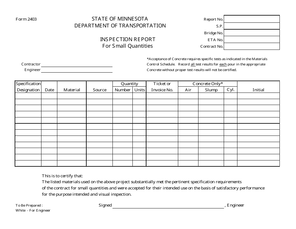 Form 2403 Inspection Report for Small Quantities - Minnesota, Page 1