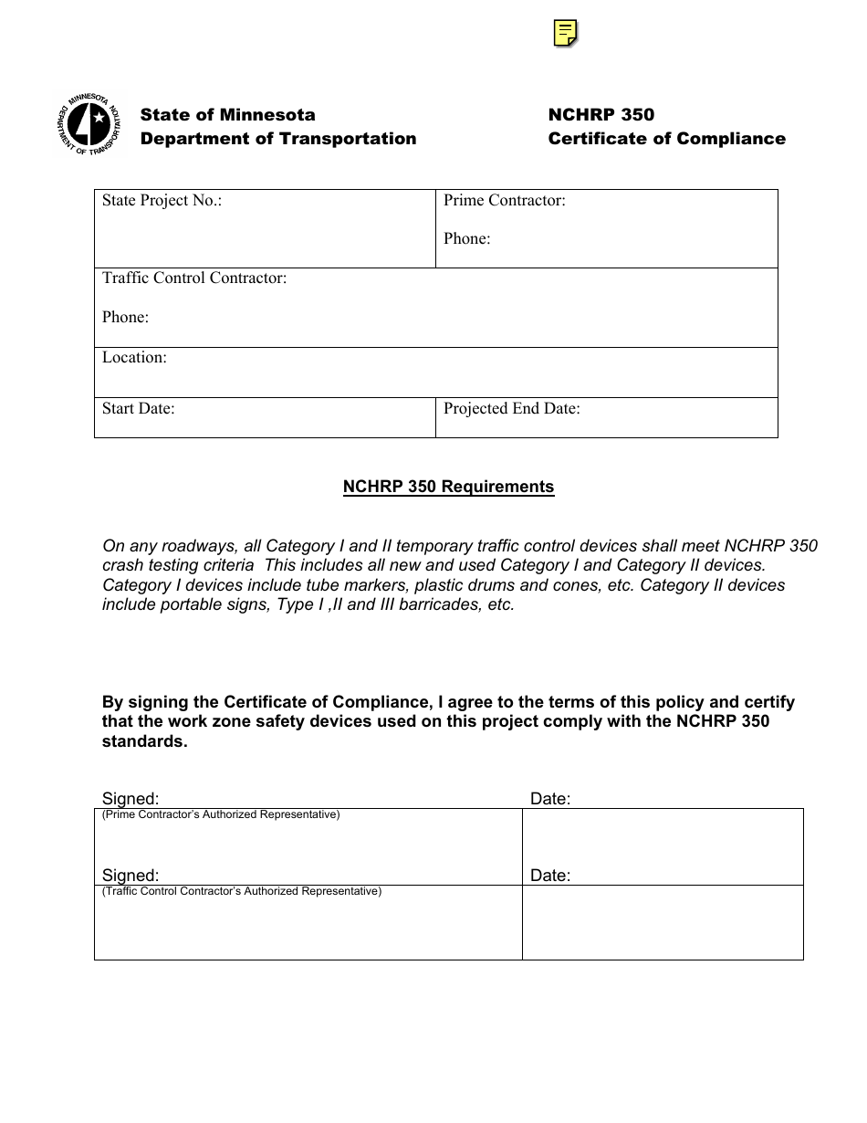 Nchrp 350 Certificate of Compliance - Minnesota, Page 1