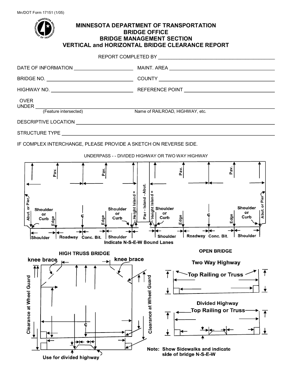 Mn / DOT Form 17151 Vertical and Horizontal Bridge Clearance Report - Minnesota, Page 1