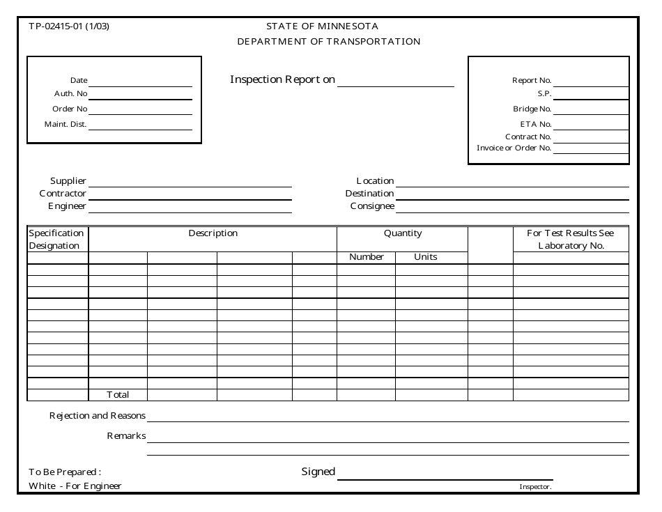 Form TP-02415-01 Inspection Report - Minnesota, Page 1