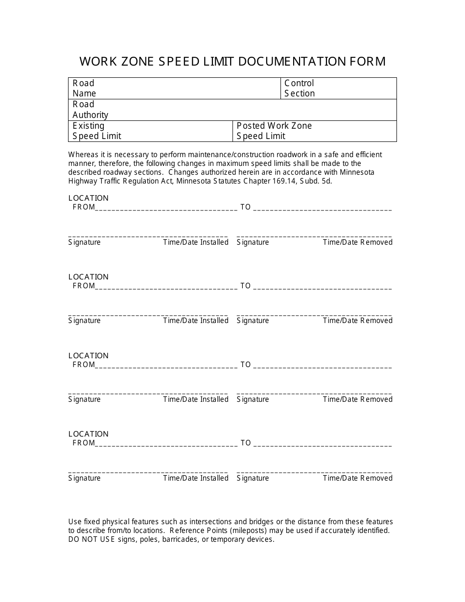 Work Zone Speed Limit Documentation Form - Minnesota, Page 1