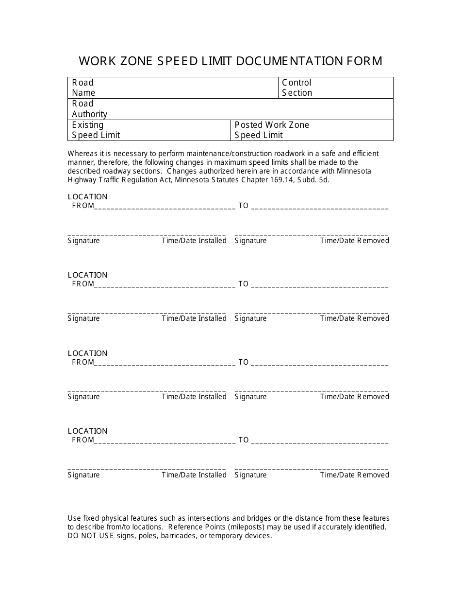 Minnesota Work Zone Speed Limit Documentation Form - Fill Out, Sign ...