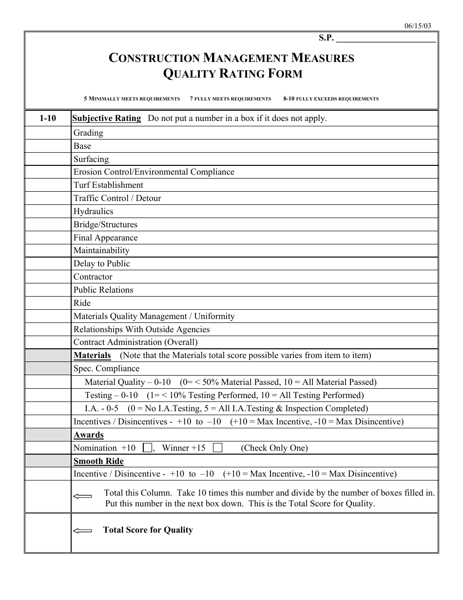 Minnesota Construction Management Measures Quality Rating Form Fill
