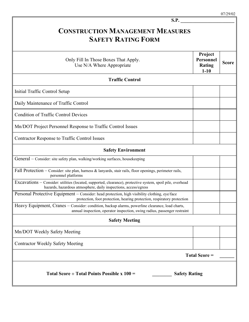 Construction Management Measures Safety Rating Form - Minnesota, Page 1