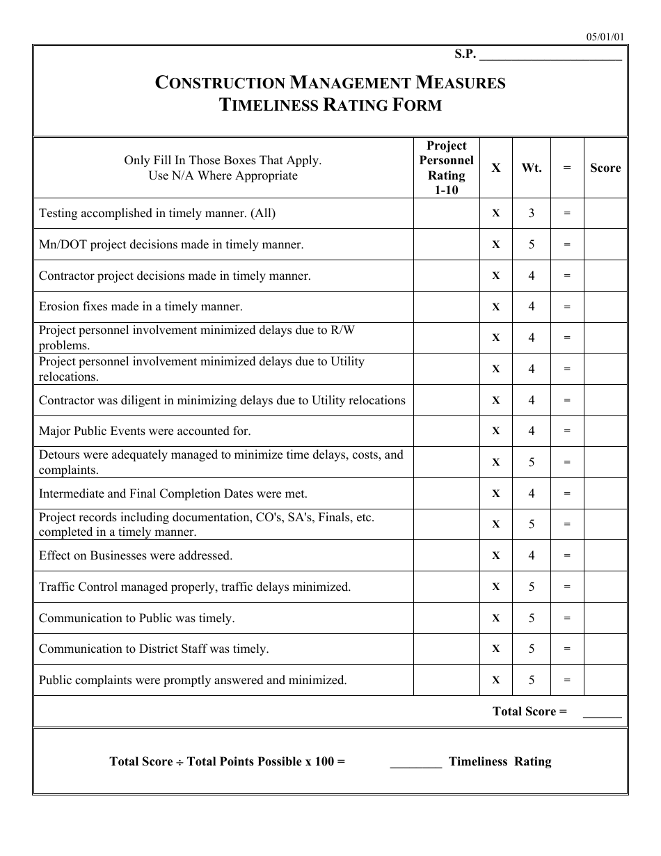 Construction Management Measures Timeliness Rating Form - Minnesota, Page 1