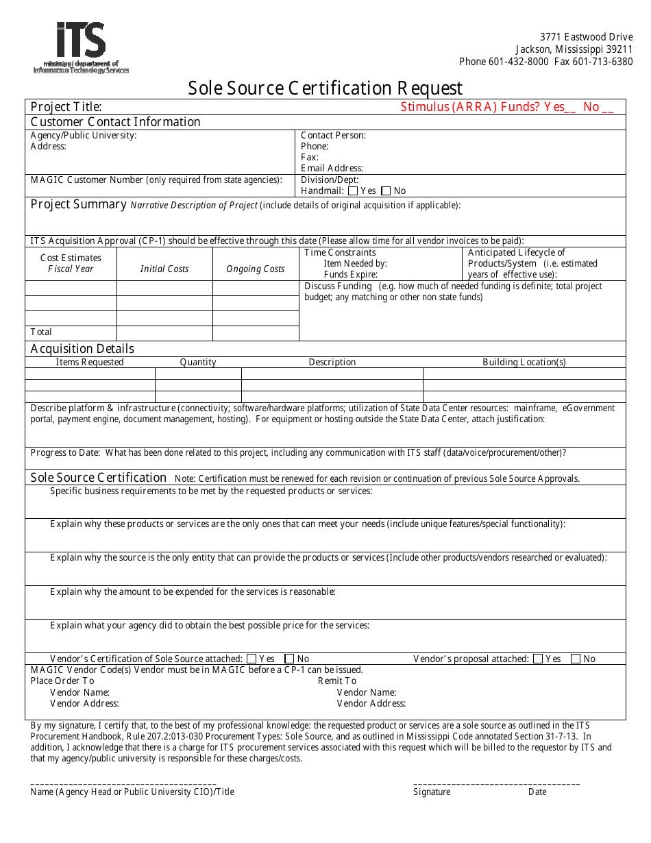 Sole Source Certification Request Form - Mississippi, Page 1