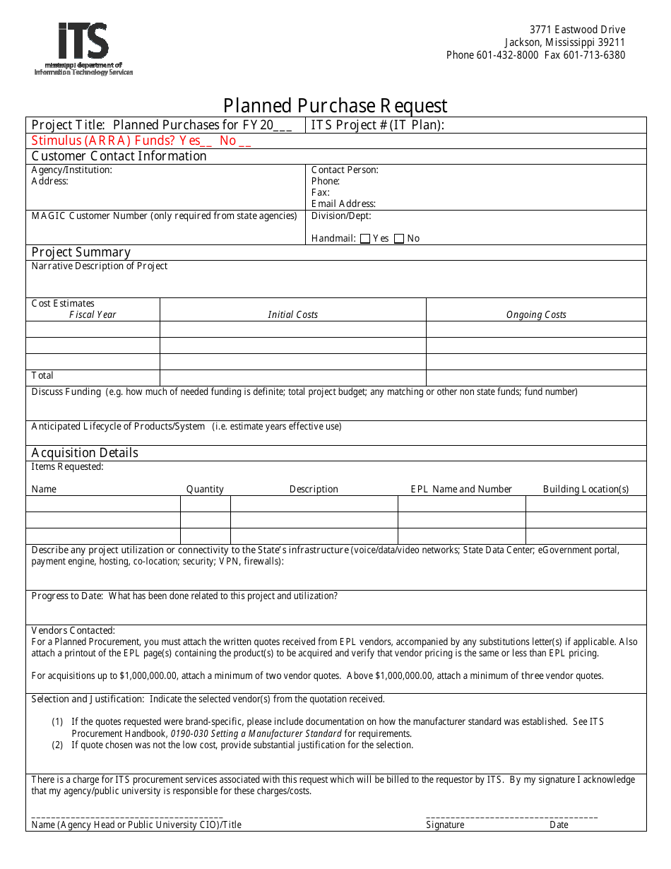 Planned Purchase Request Form - Mississippi, Page 1