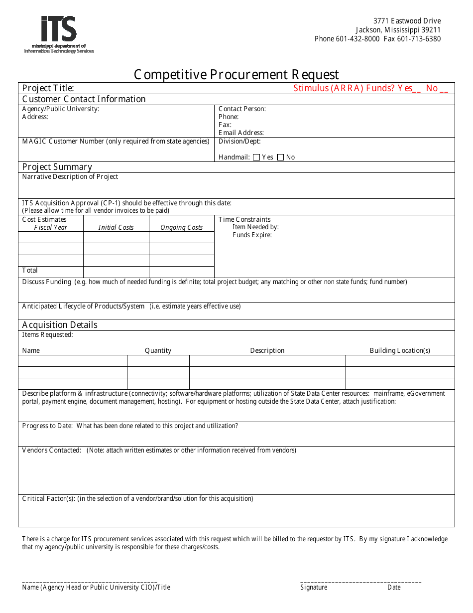 Competitive Procurement Request Form - Mississippi, Page 1