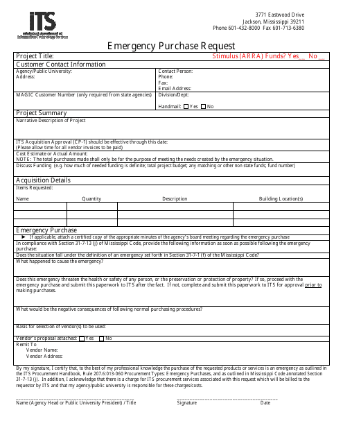 Emergency Purchase Request Form - Mississippi Download Pdf