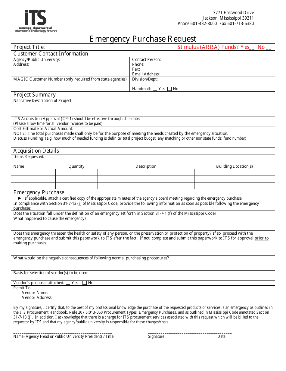 Emergency Purchase Request Form - Mississippi, Page 1