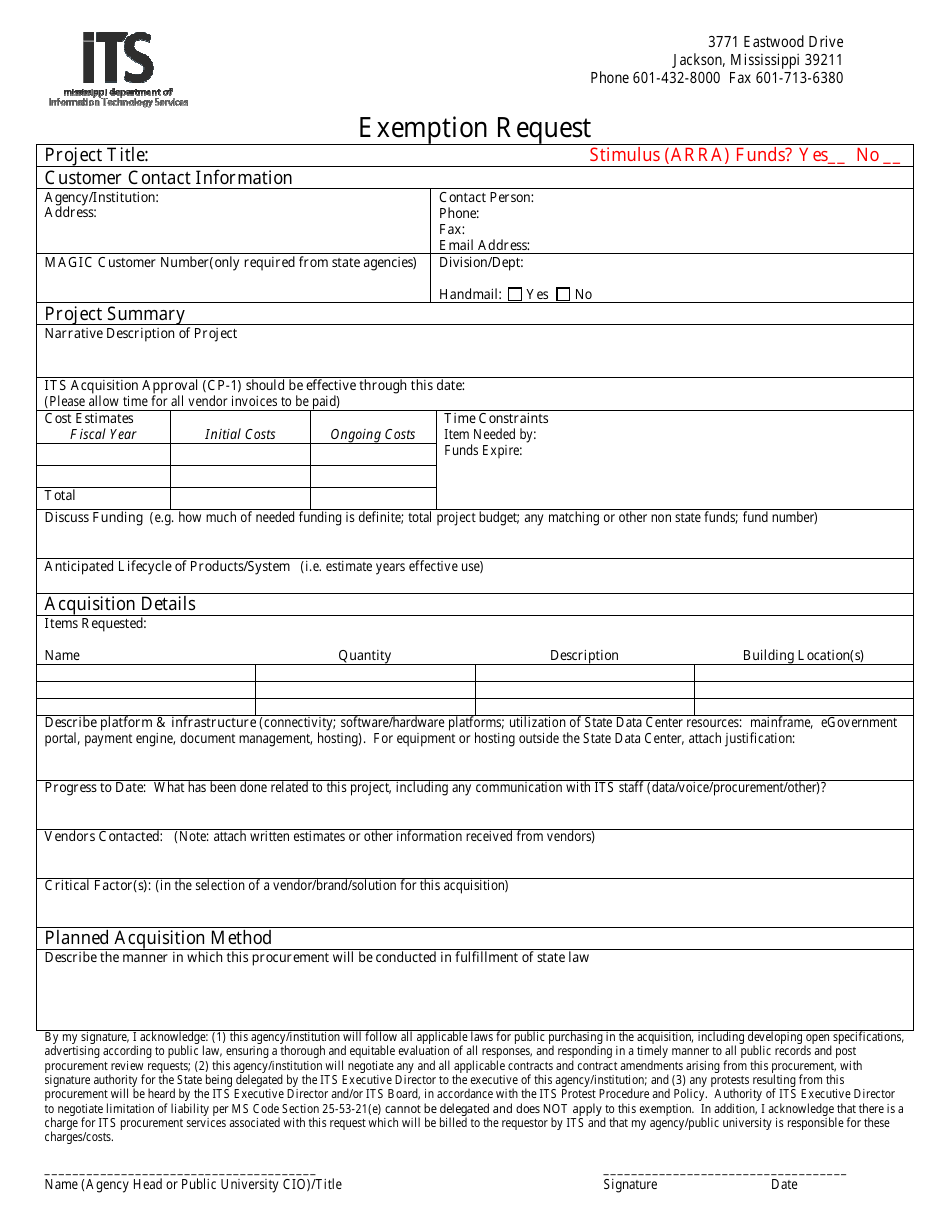 Exemption Request Form - Mississippi, Page 1