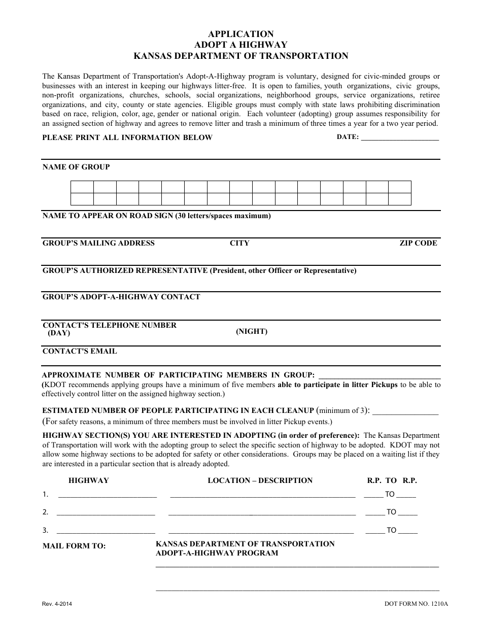 DOT Form 1210A Adopt a Highway Application - Kansas, Page 1