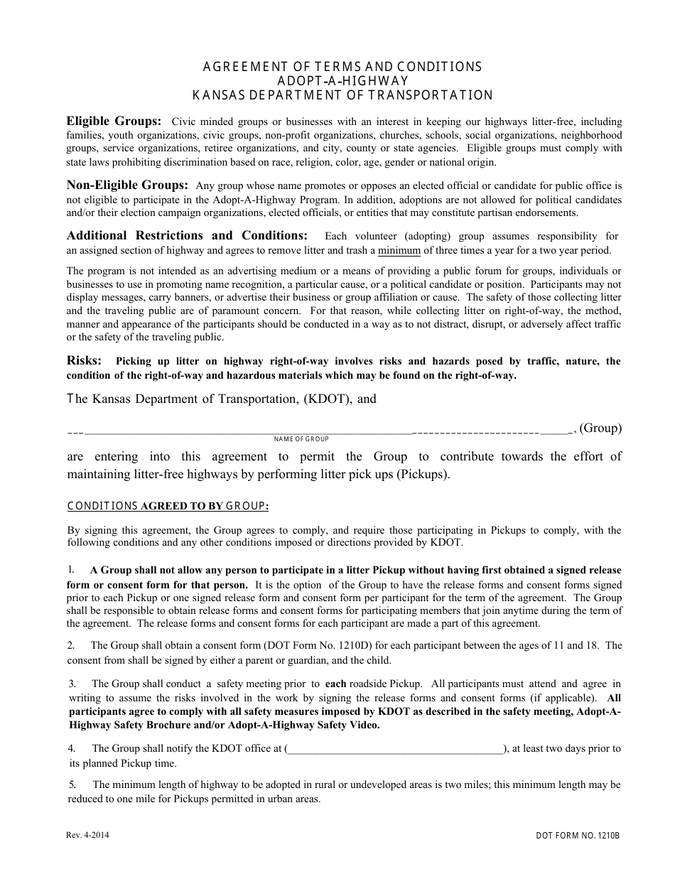 DOT Form 1210A Adopt a Highway Application - Kansas, Page 3