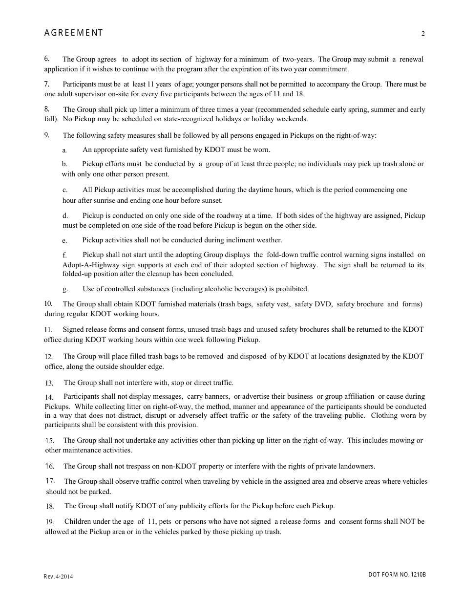 DOT Form 1210A Adopt a Highway Application - Kansas, Page 4