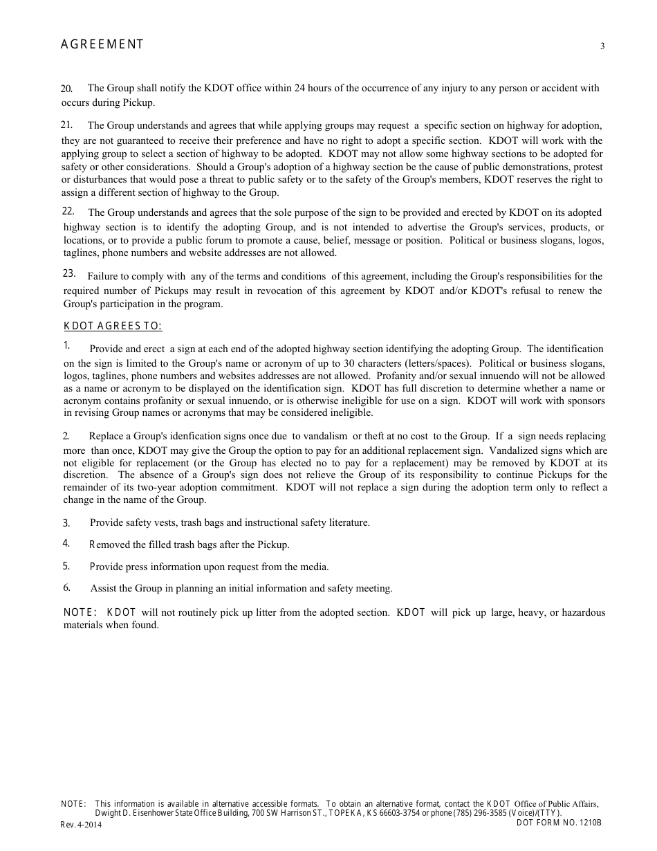 DOT Form 1210A Adopt a Highway Application - Kansas, Page 5