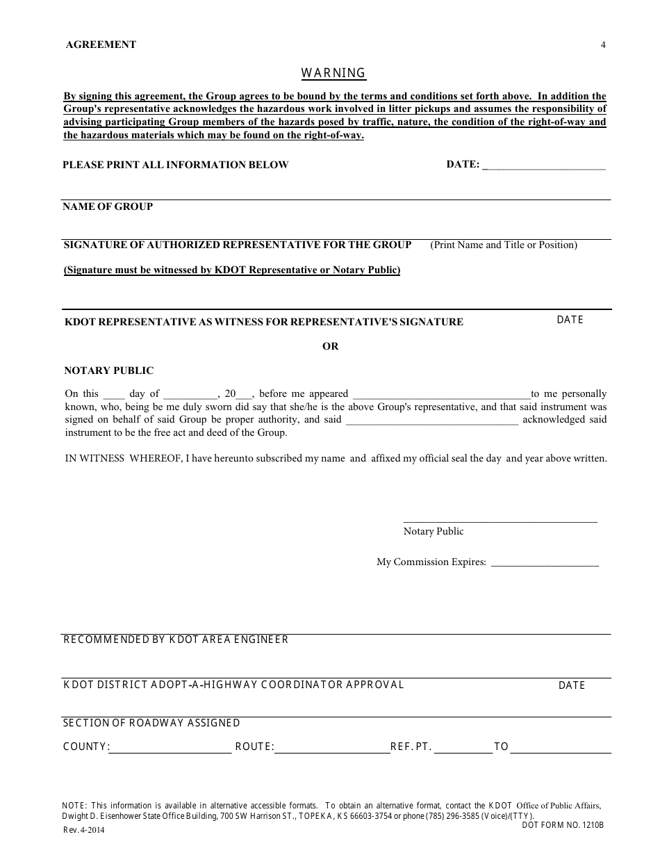 DOT Form 1210A Adopt a Highway Application - Kansas, Page 6