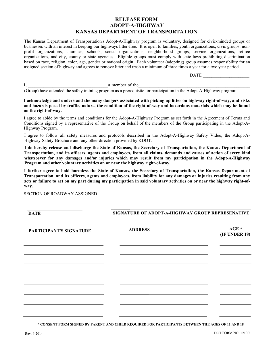 DOT Form 1210C Adopt-A-highway Release - Kansas, Page 1