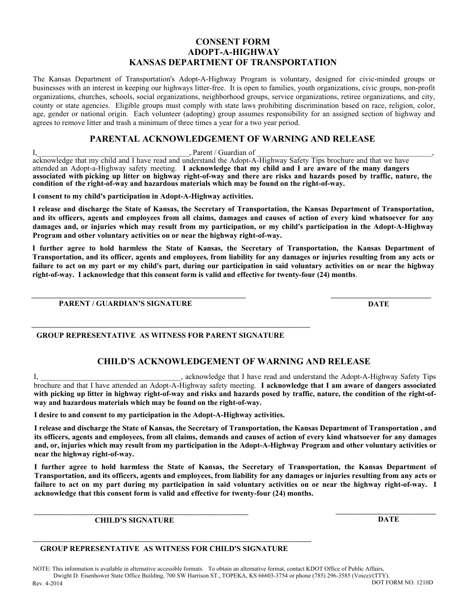 DOT Form 1210C Adopt-A-highway Release - Kansas, Page 3