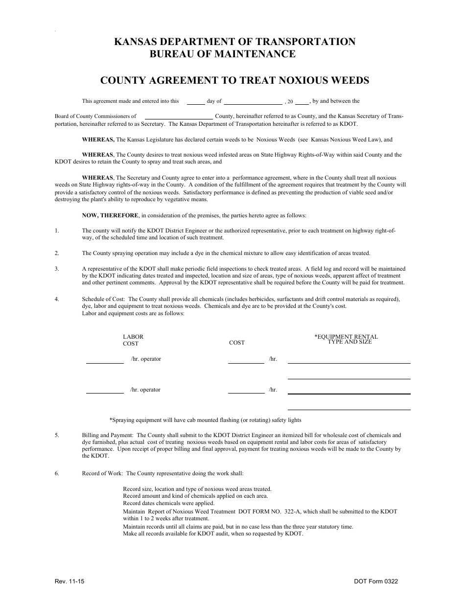 DOT Form 0322 County Agreement to Treat Noxious Weeds - Kansas, Page 1