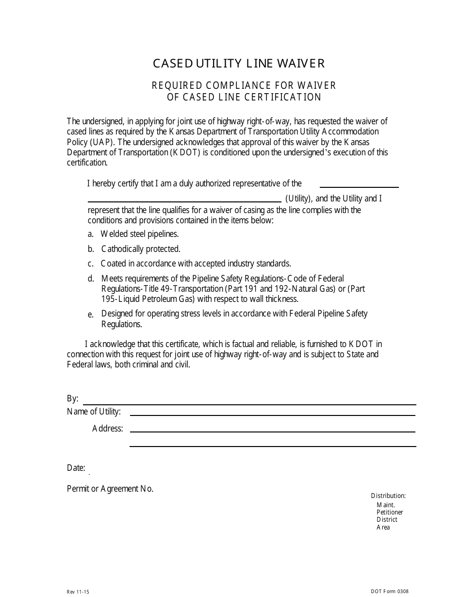 DOT Form 0308 Cased Utility Line Waiver - Kansas, Page 1