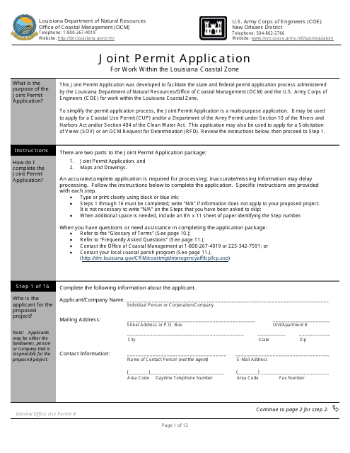 Joint Permit Application for Work Within the Louisiana Coastal Zone - Louisiana Download Pdf