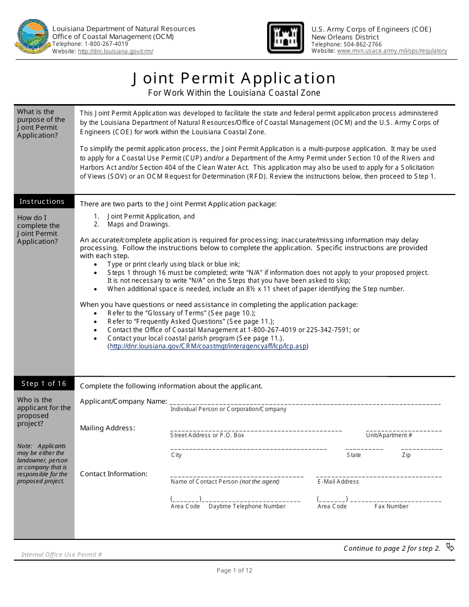 Joint Permit Application for Work Within the Louisiana Coastal Zone - Louisiana, Page 1