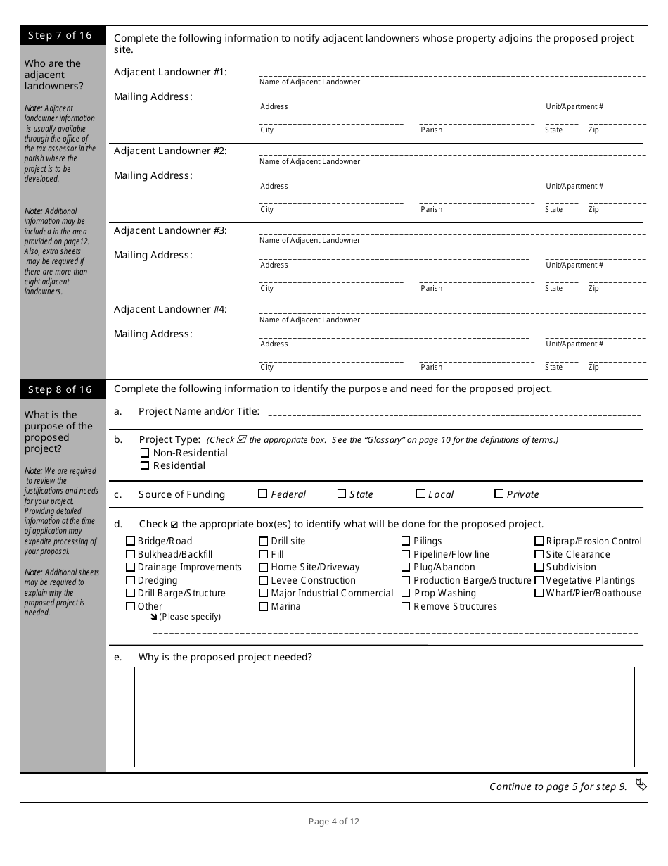 Joint Permit Application for Work Within the Louisiana Coastal Zone - Louisiana, Page 4