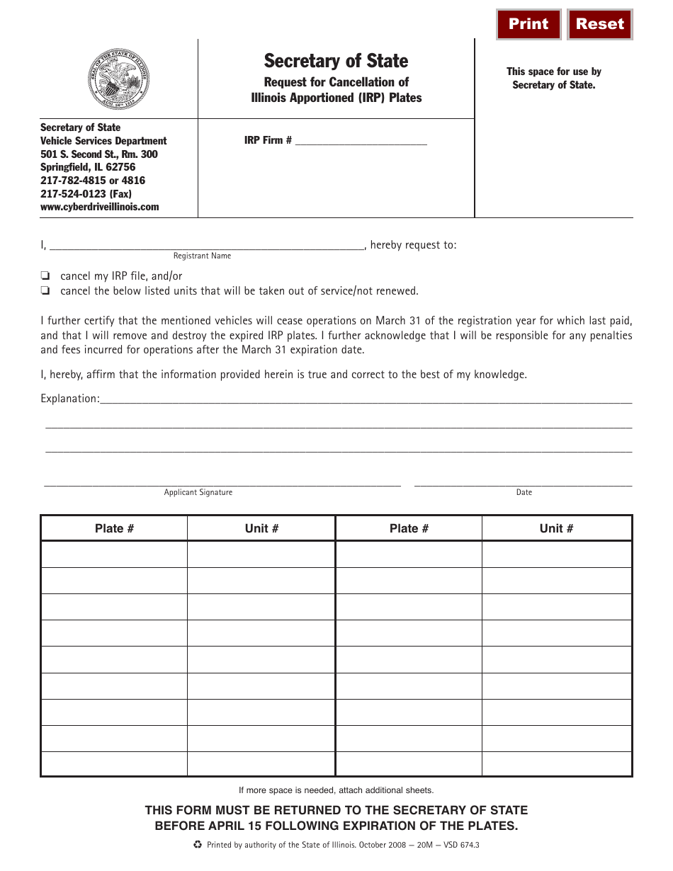 Form VSD674 Request for Cancellation of Illinois Apportioned (Irp) Plates - Illinois, Page 1