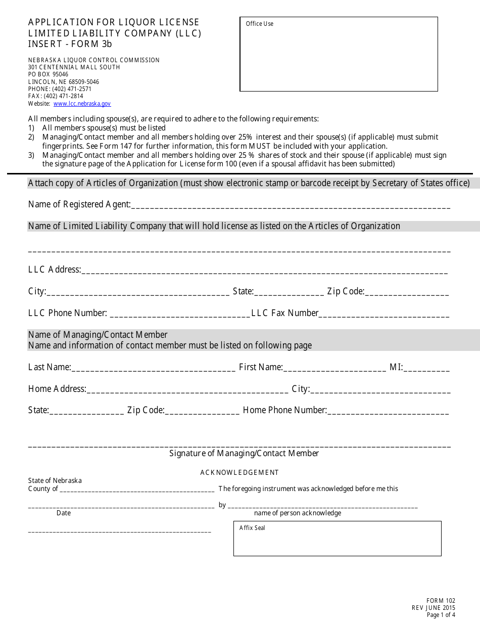 Form 102 (3B) Application for Liquor License Limited Liability Company - Nebraska, Page 1
