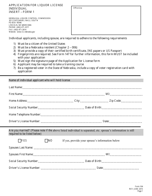 Form 104 (1) Application for Liquor License - Individual Insert - Nebraska