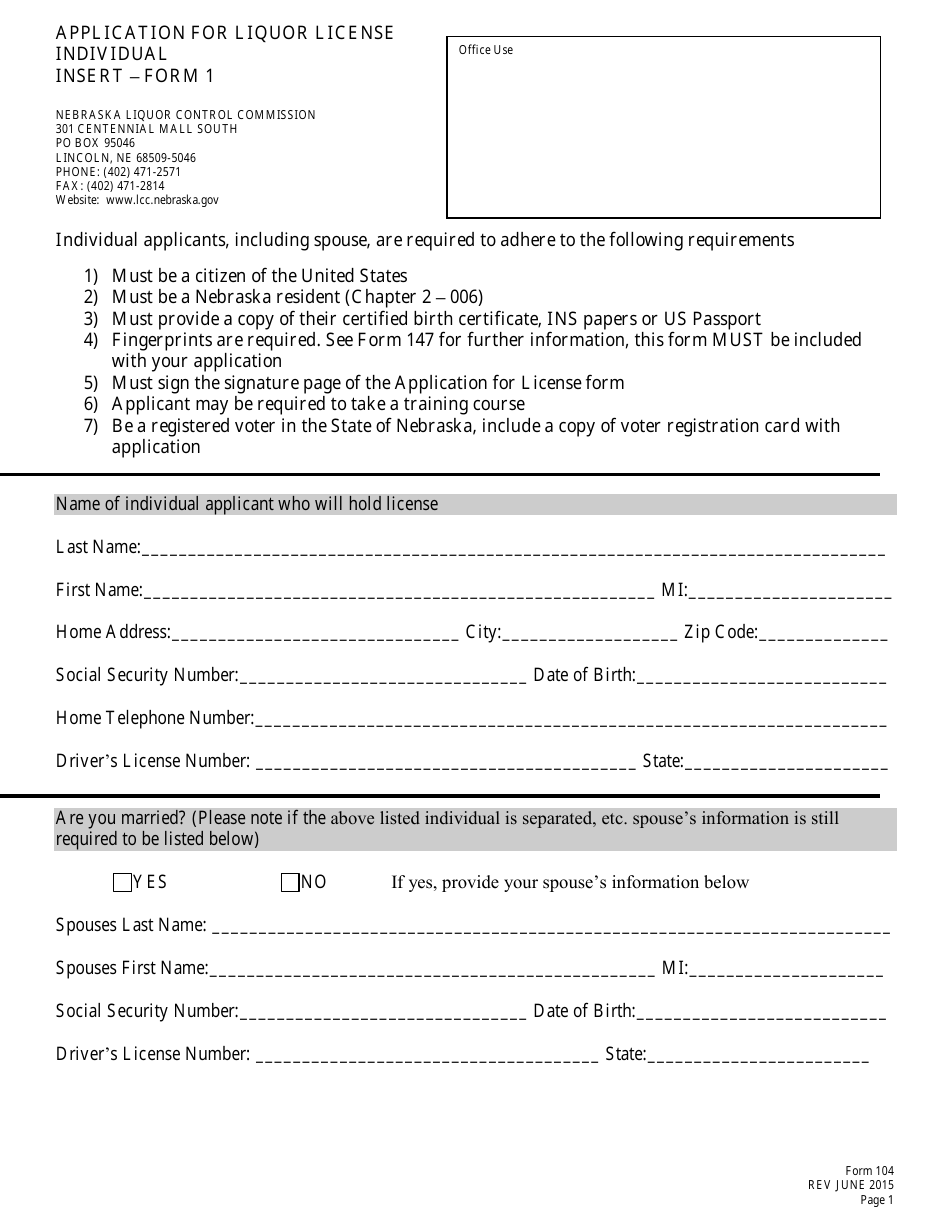 Form 104 (1) Application for Liquor License - Individual Insert - Nebraska, Page 1
