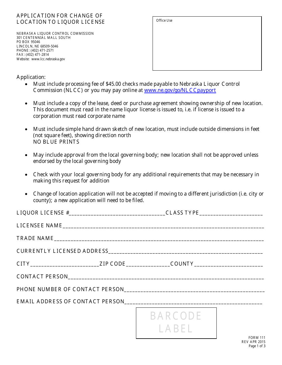 Form 111 Application for Change of Location to Liquor License - Nebraska, Page 1