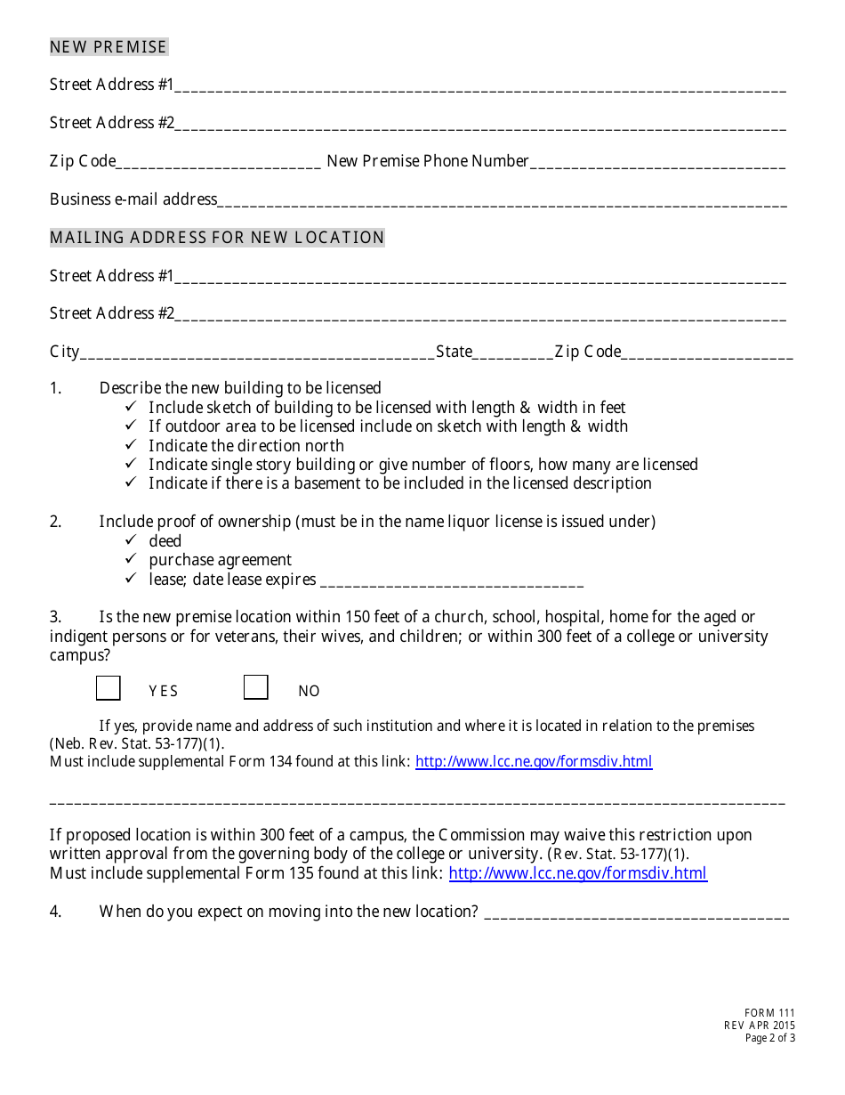 Form 111 Application for Change of Location to Liquor License - Nebraska, Page 2