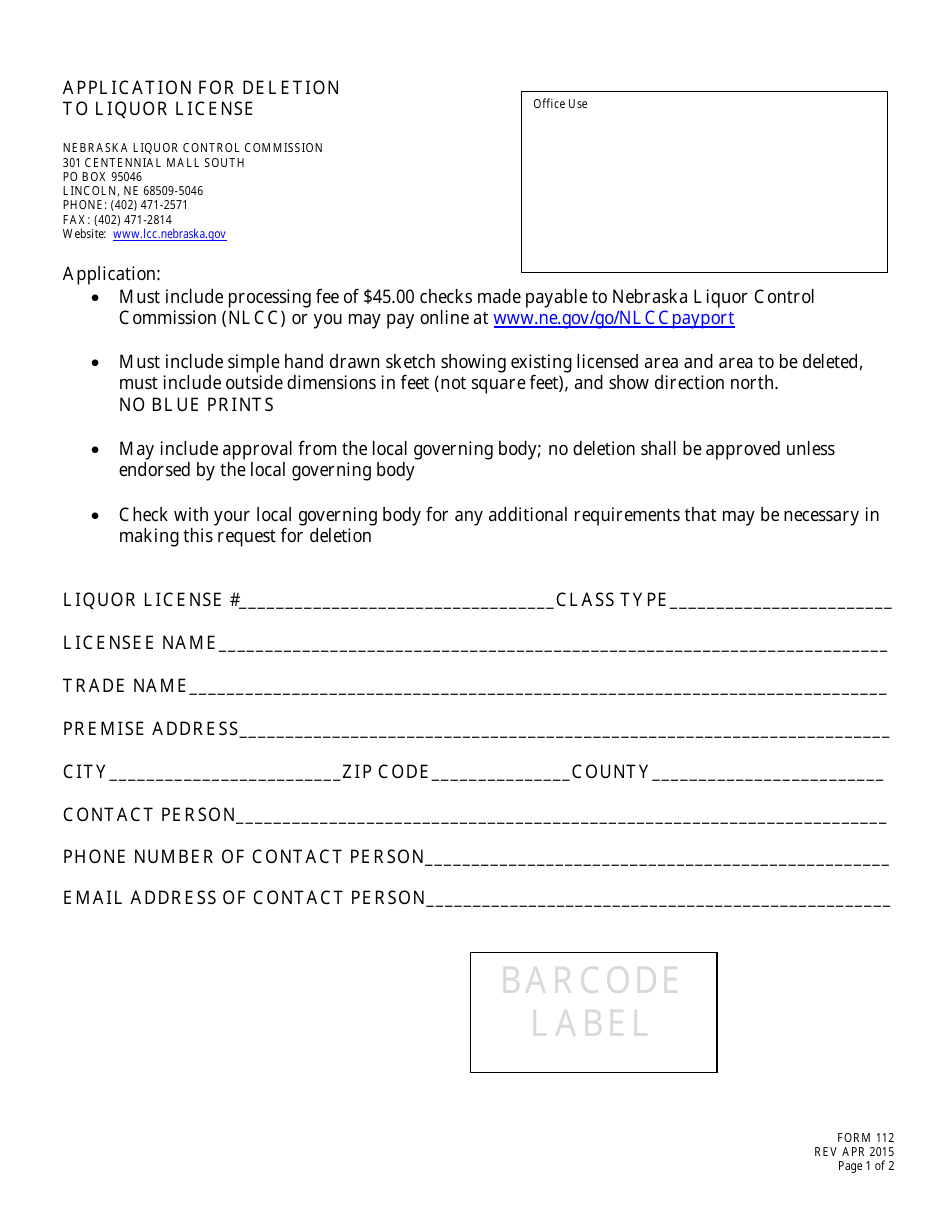 Form 112 Application for Deletion to Liquor License - Nebraska, Page 1
