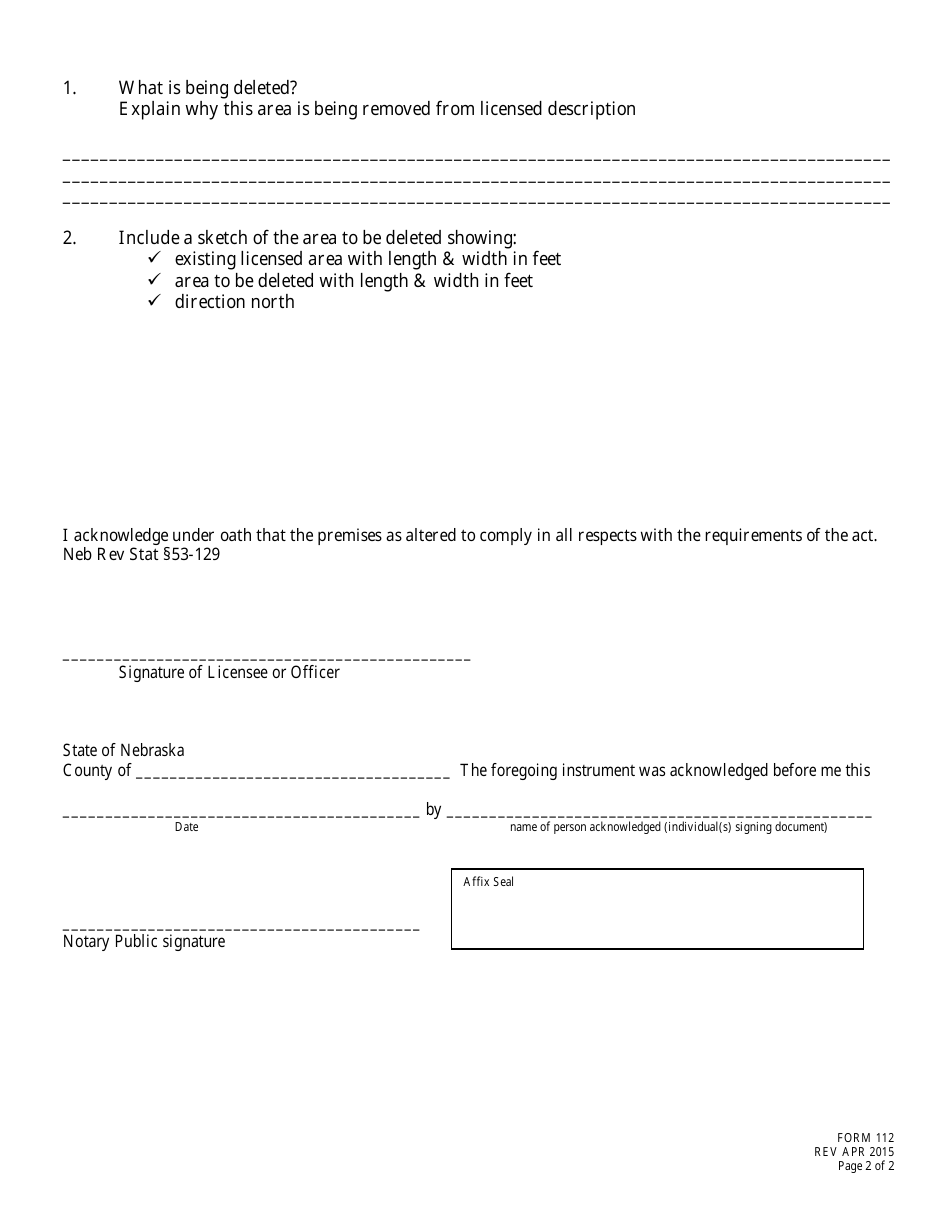 Form 112 Application for Deletion to Liquor License - Nebraska, Page 2