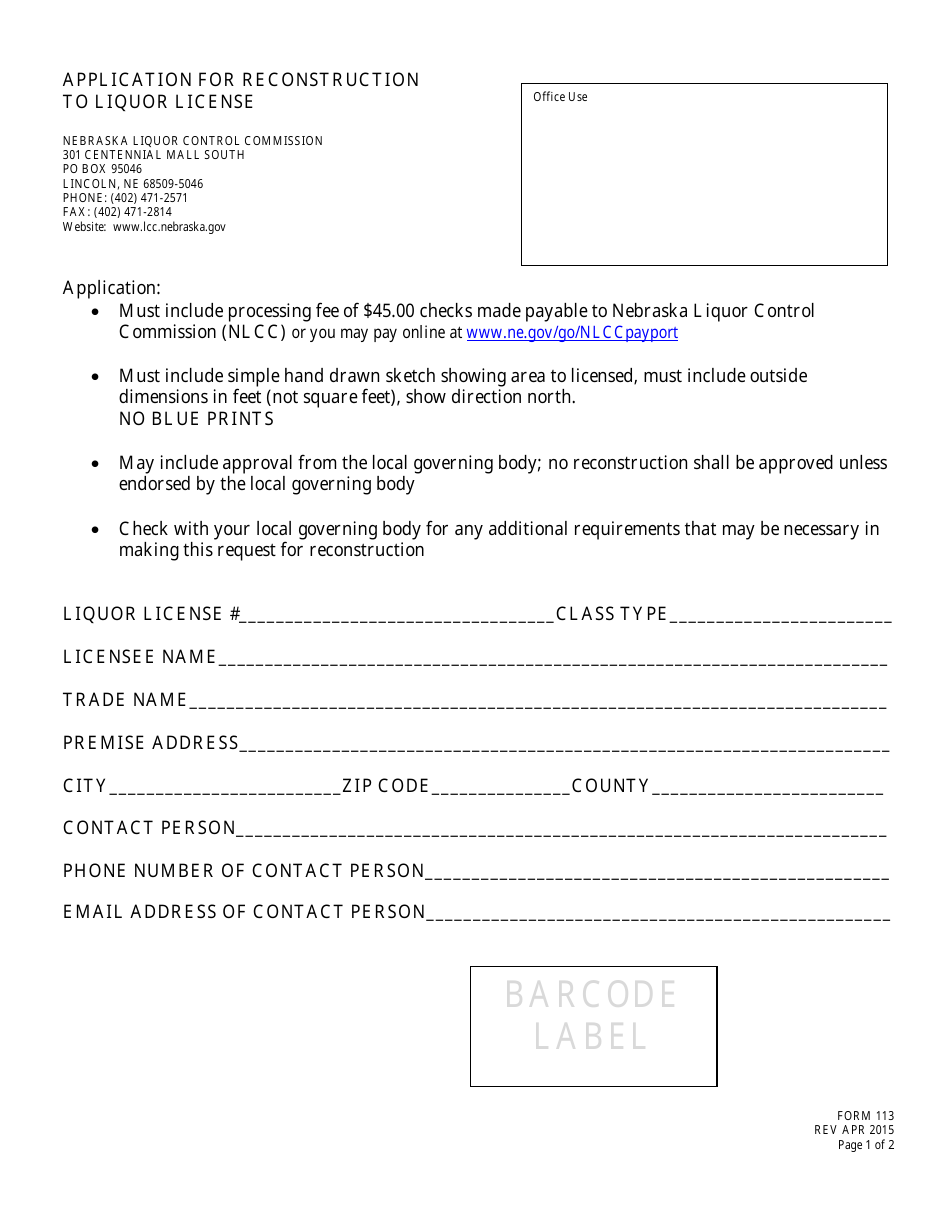 Form 113 Application for Reconstruction to Liquor License - Nebraska, Page 1