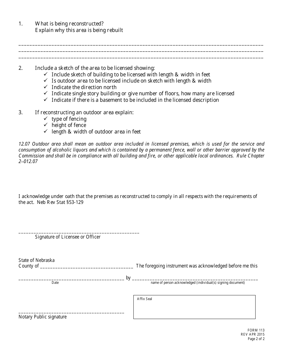 Form 113 Application for Reconstruction to Liquor License - Nebraska, Page 2