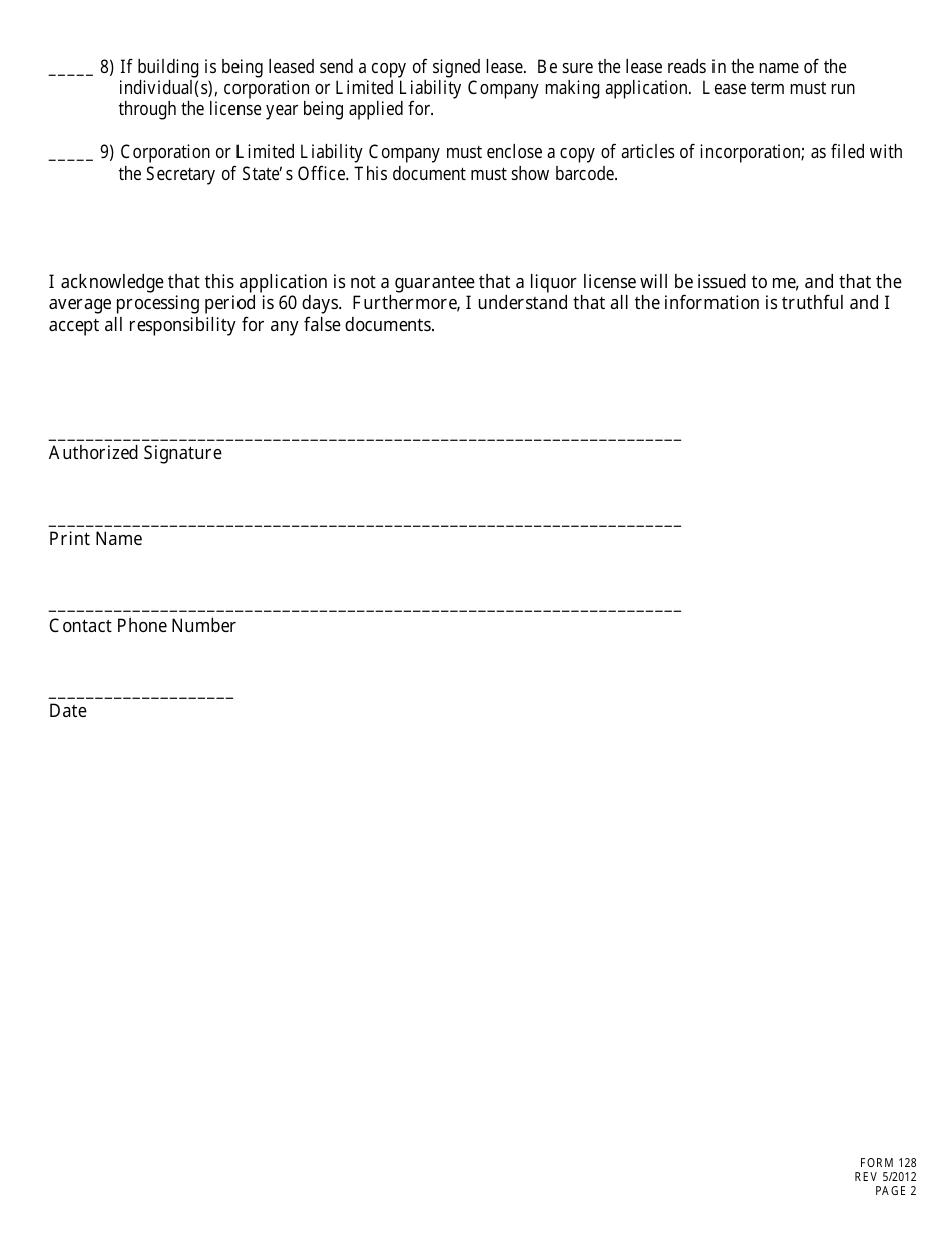 Form 128 Application for Liquor License - Wholesale - Nebraska, Page 2