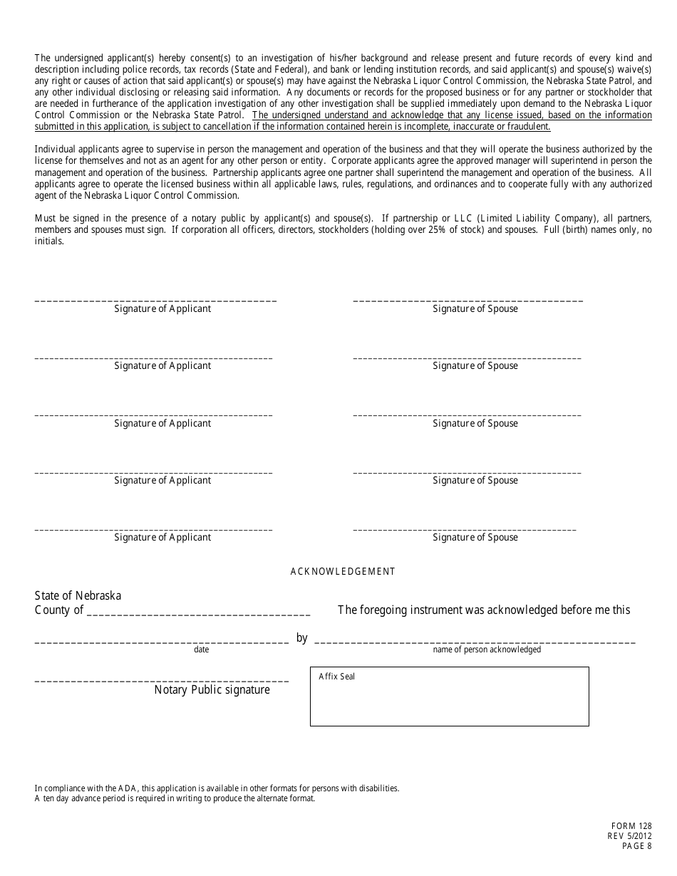 Form 128 Application for Liquor License - Wholesale - Nebraska, Page 8