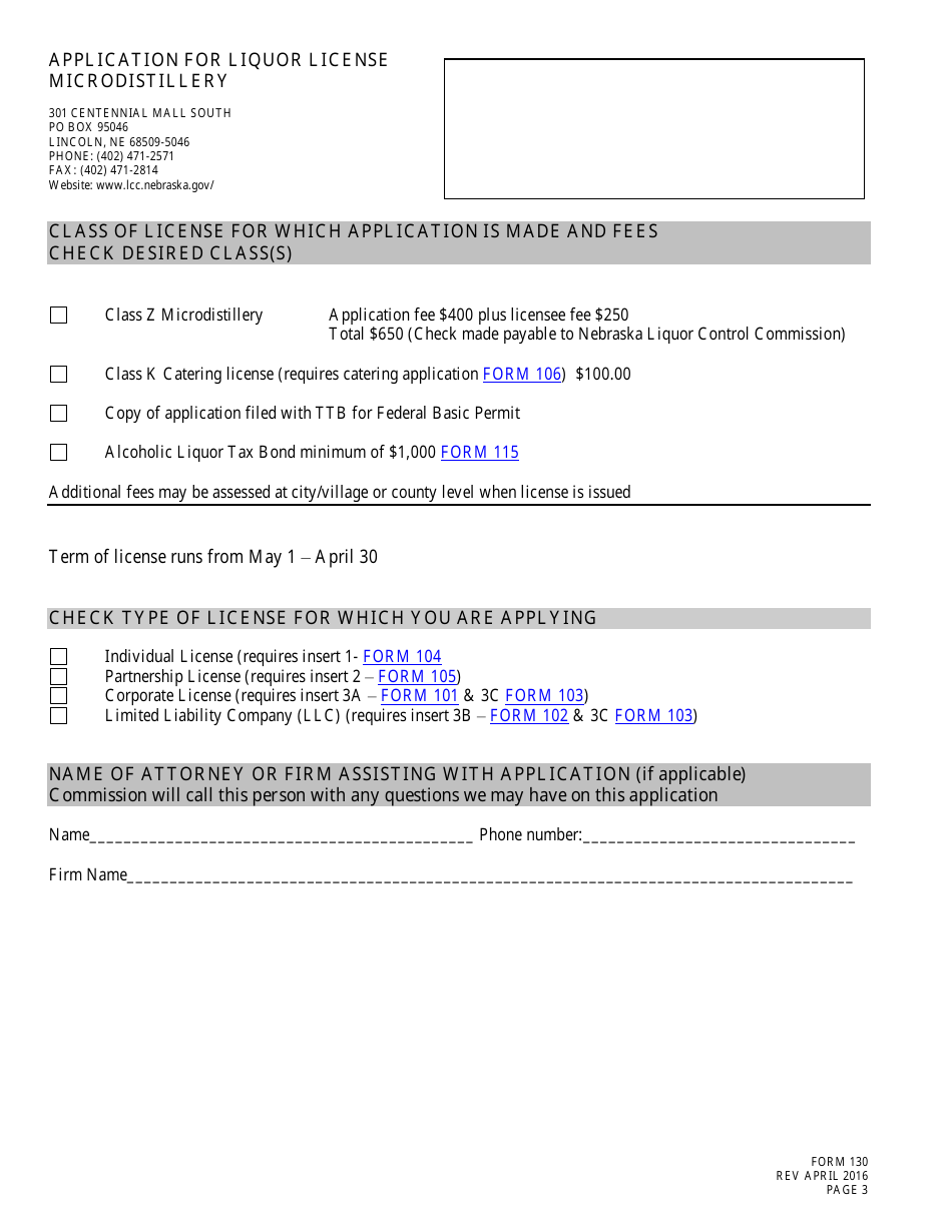 Form 130 Application for Liquor License Microdistillery - Nebraska, Page 3