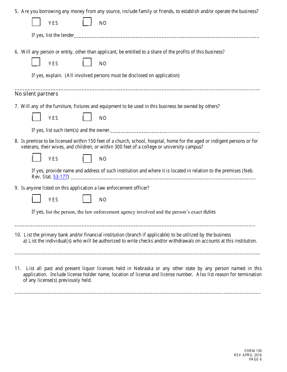 Form 130 Application for Liquor License Microdistillery - Nebraska, Page 6