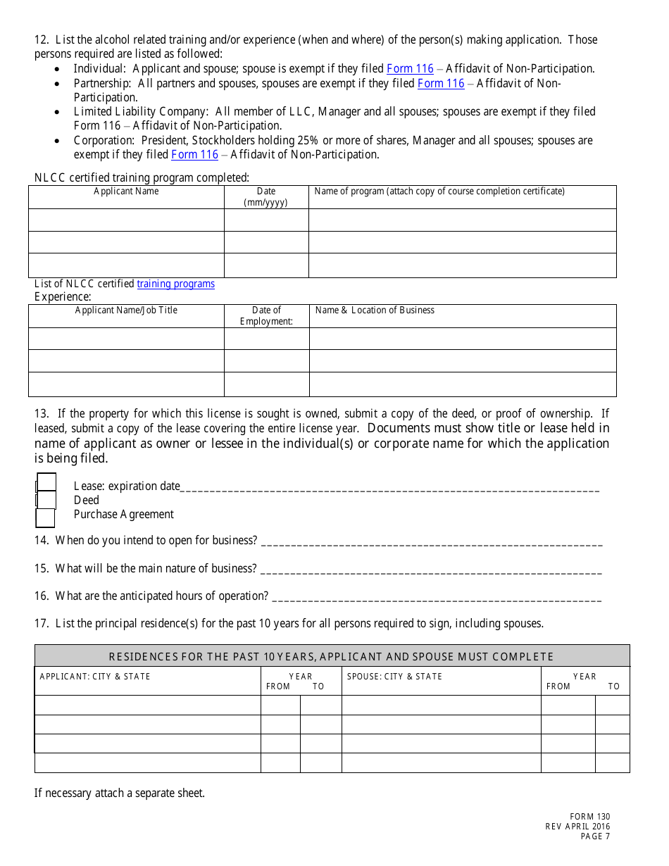 Form 130 Application for Liquor License Microdistillery - Nebraska, Page 7