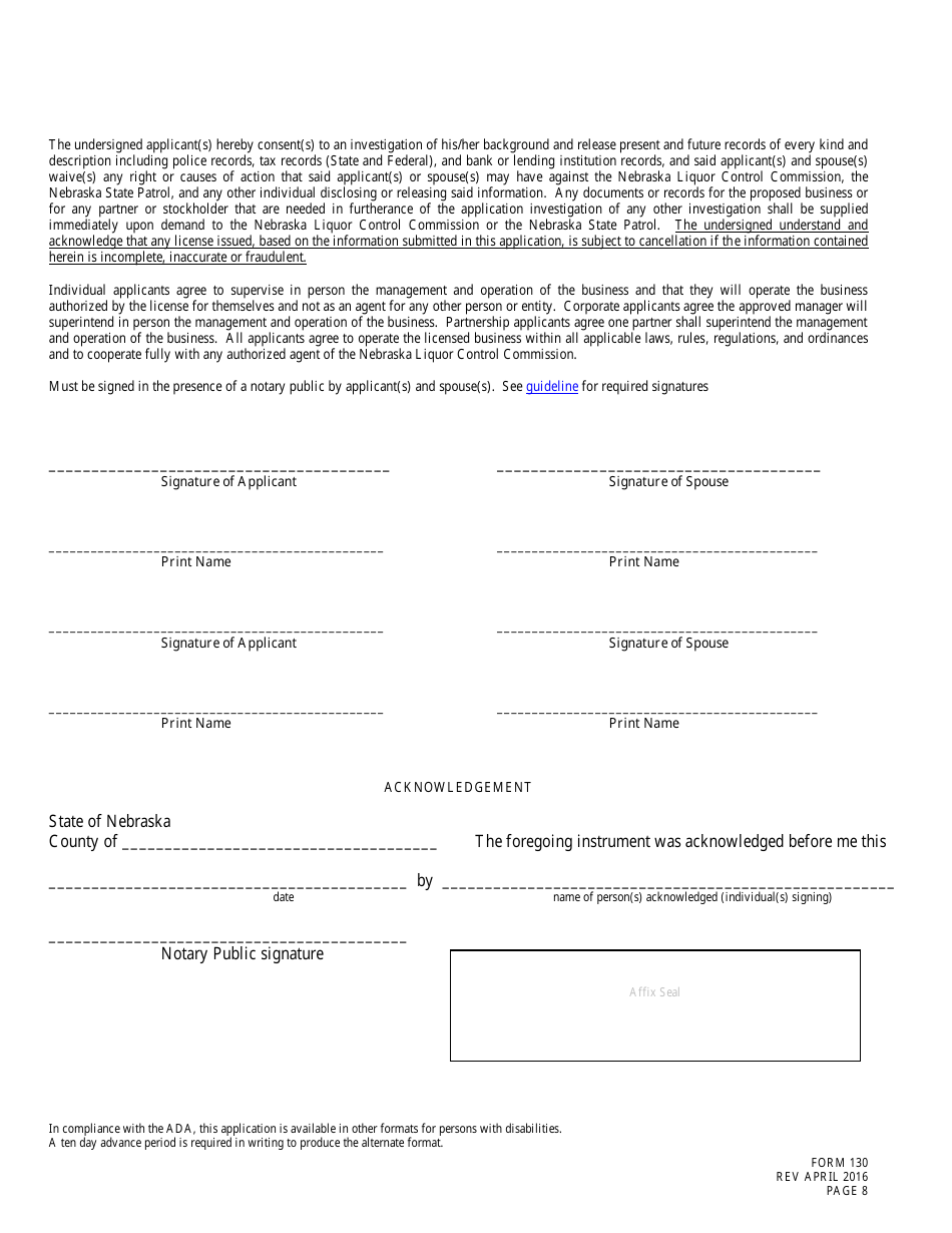 Form 130 Application for Liquor License Microdistillery - Nebraska, Page 8