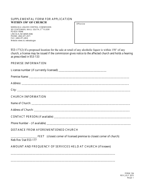 Form 134 Supplemental Form for Application Within 150' of Church - Nebraska