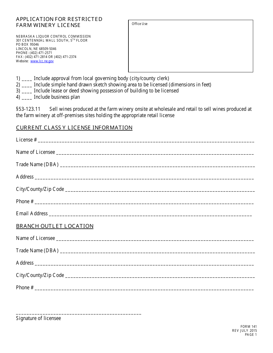 Form 141 Fill Out, Sign Online and Download Fillable PDF, Nebraska