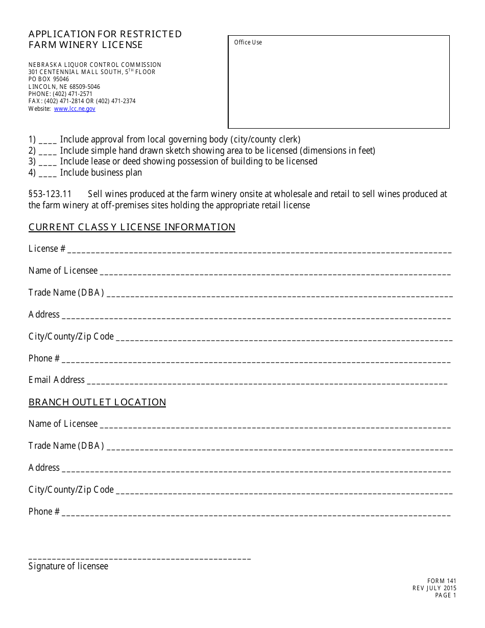 Form 141 Application for Restricted Farm Winery License - Nebraska, Page 1